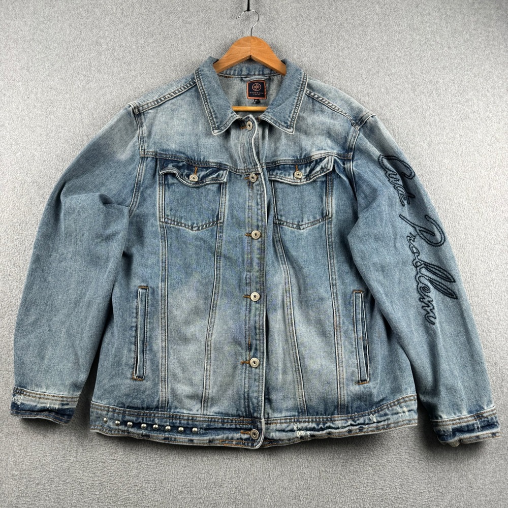 Boom Boom Jeans Denim Jacket Womens XL Goth Light Blue Studded Graphic Patch